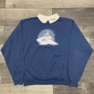 Mens Vintage Blue Cottagecore Style Blue Crewneck with Snowman Graphic Christmas